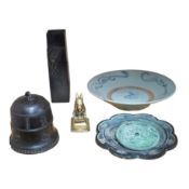 A Chinese archaistic bronze bell, two bronze mirrors, a bronze figure of Nandi, a kitchen Qing dish,