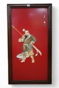 Four large Chinese lacquer and bone mounted relief panels depicting warriors, each 99cm high.