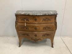 A Louis XV style gilt metal mounted marble top bombe commode, width 105cm, depth 49cm, height