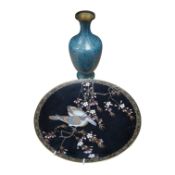 A Japanese cloisonné dish decorated with bird together with Chinese vase, largest 30cm in