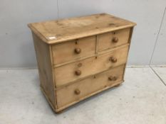 A small Victorian stripped pine chest of drawers, width 85cm, depth 45cm, height 73cm. Condition -
