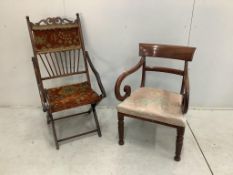 A Victorian folding chair with carpet upholstery and a Regency mahogany elbow chair. Condition -
