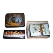 Three Russian lacquer boxes, largest 16.5cm x 13cm. Condition - good