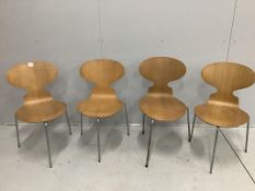 Original Ant design by Arne Jacobsen for Fritz Hansen in 1952. A set of four chairs, width 41cm,