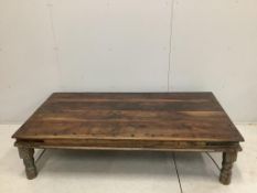 An Indian rectangular iron studded low hardwood coffee table, width 174cm, depth 90cm, height