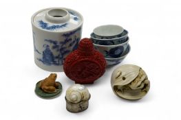 A Japanese blue and white seven sages of the bamboo grove joss-stick holder, 9.5cm high, four