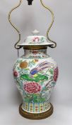 A Chinese famille vase and cover, converted to a two light lamp, 75cms high including fitting.
