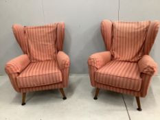 A pair of Bambino style upholstered wing armchairs, width 76cm, depth 71cm, height 99cm. Condition -