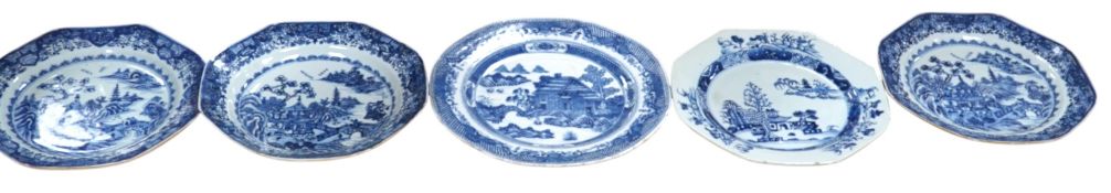 Five 18th century Chinese Export blue and white plates, largest 24cm diameter. Condition - all