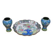 A pair of Chinese Guangzhou enamel vases, 19th century and an 18th century Guangzhou enamel dish,