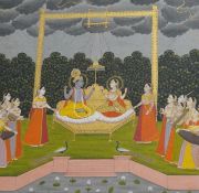 Indian Moghul School, c.1780, Homage to Parvati, Garuda, Genesha and Siva, first month of the Hindhu