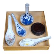 A small Chinese porcelain blue and white vase, Republic period, on a hardwood stand and various soup