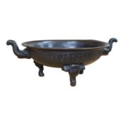 A Chinese archaistic bronze tripod ‘elephant head’ censer, Xuande mark, 19th century, 24cm handle to