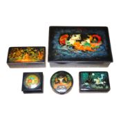 Five Russian lacquer boxes, largest 21cm x 14cm. Condition - some scratches and minor marks