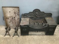 A Victorian cast iron fire grate, width 82cm, depth 36cm, height 51cm with ash pan and a pair of