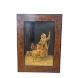 An Italian burr walnut framed, parquetry panel of a girl carrying a basket of fruit surrounded by