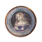 Quentin Bell (1910-1996), a pottery circular portrait dish, 1990s, the dish painted with a half