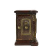 A late Victorian mahogany mounted brass and cast iron demonstration model of a safe, with painted