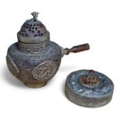 A Tibetan copper and brass pot and a similar box and cover with mirrored interior, largest 19cm high