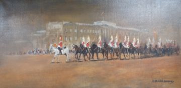 R. Standish Sweeney (1917-1995), oil on canvas, 'Changing the Guard', signed, 47 x 90cm, unframed.