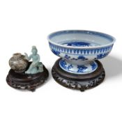 Chinese items comprising; Chinese blue and white pedestal comport, a jadeite figure, a small