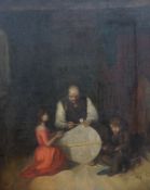 English School, mid 19th century, oil on canvas, Father building a kite with his children in an