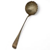 A George II silver Old English pattern soup ladle, by Ebenezer Coker, London, 17??, 33.6cm, 5.4oz.