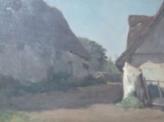 Henry G. Moon (1857-1905), oil on canvas, Village scene,signed verso, inscribed plaque, 29 x 39cm,