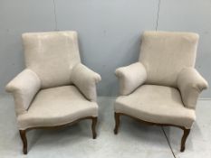 A pair of 19th century French upholstered armchairs, width 80cm, depth 80cm, height 91cm.