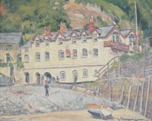 Margaret Loder (20th. C), oil on canvas, Coastal scene with beached fishing boat, signed and