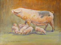 Miniature impressionist oil on board, Study of a sow and piglets, indistinctly signed J.