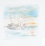 Kieron Williamson (Contemporary), coloured crayon and ink, 'Ludham, Suffolk', signed, 27 x 27cm.