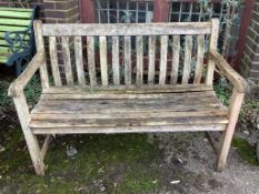 Two weathered teak garden benches, larger width 122cm, height 84cm. Condition - poor to fair