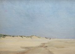 Henry G. Moon (1857-1905), oil on board, Coastal scene with figures,signed verso, inscribed plaque,