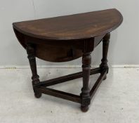 An 18th century style drop leaf demi-lune tea table, width 86cm, depth 44cm, height 72cm.