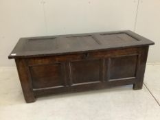 An 18th century oak coffer, width 136cm, depth 54cm, height 56cm. Condition - poor to fair
