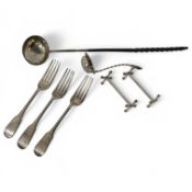 Three George III silver fiddle and thread pattern table forks, including a pair, London, 1796,