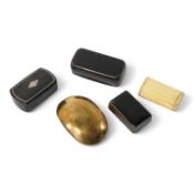 Five assorted 19th century snuff boxes, largest 8.5cm wide. Condition - variable