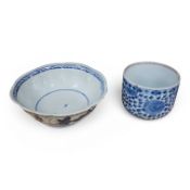 A Chinese blue and white jar, Kangxi period, lacking cover, together with a later blue and white