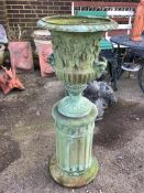 A cast composition campana garden urn on fluted pedestal, height 94cm. Condition - fair