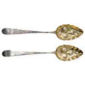 A pair of George III Irish engraved silver berry spoons, by J. Brady, Dublin, 1799, 23.8cm, 143