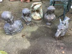 Five bronzed and painted stone garden ornaments, largest height 40cm. Condition - fair