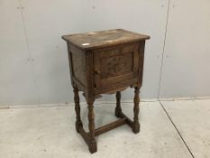 An 18th century style Ipswich oak bedside cabinet, width 47cm, depth 33cm, height 77cm.
