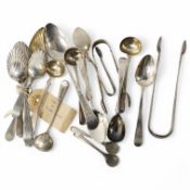 A set of six Georgian silver teaspoons, indistinct marks and other assorted silver spoons etc. 8.