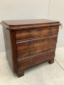 A 19th century French mahogany three drawer chest, width 94cm, depth 53cm, height 84cm.