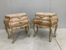 A pair of French Rococo style bombe bedside chests, width 58cm, depth 35cm, height 61cm. Condition -