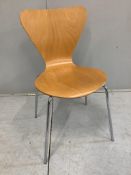 A set of four Arne Jacobsen style bent ply and chrome stacking chairs, width 45cm, depth 40cm,