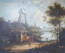 19th century, Dutch School, oil on canvas, Riverscape with windmills, unsigned, 49 x 59cm, ornate