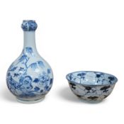 An 18th century Chinese blue and white guglet and a similar bowl, 23cm tall. Condition - poor to