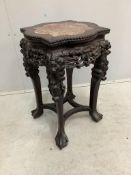 A Chinese hongmu vase stand with rouge marble top, width 38cm, depth 38cm, height 58cm.